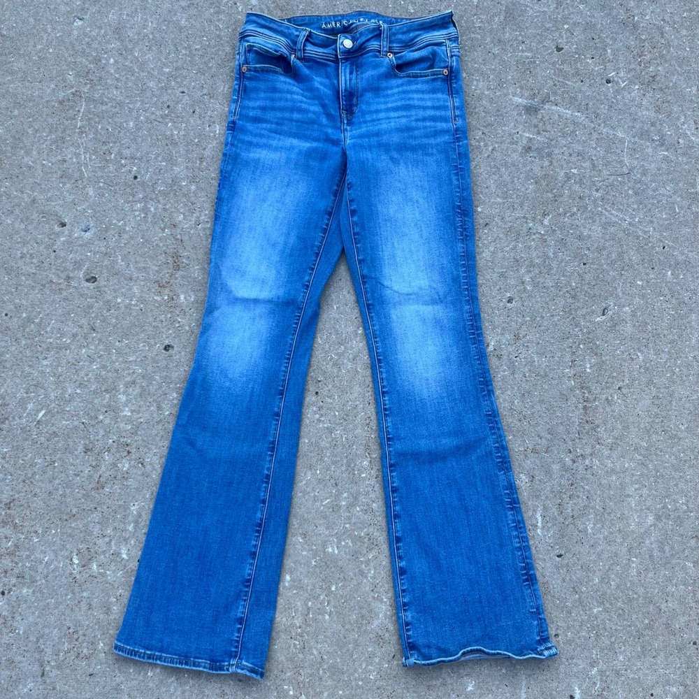 American Eagle Next Level Stretch Kick Boot Jeans Medium Wash Blue Womens 8 Long